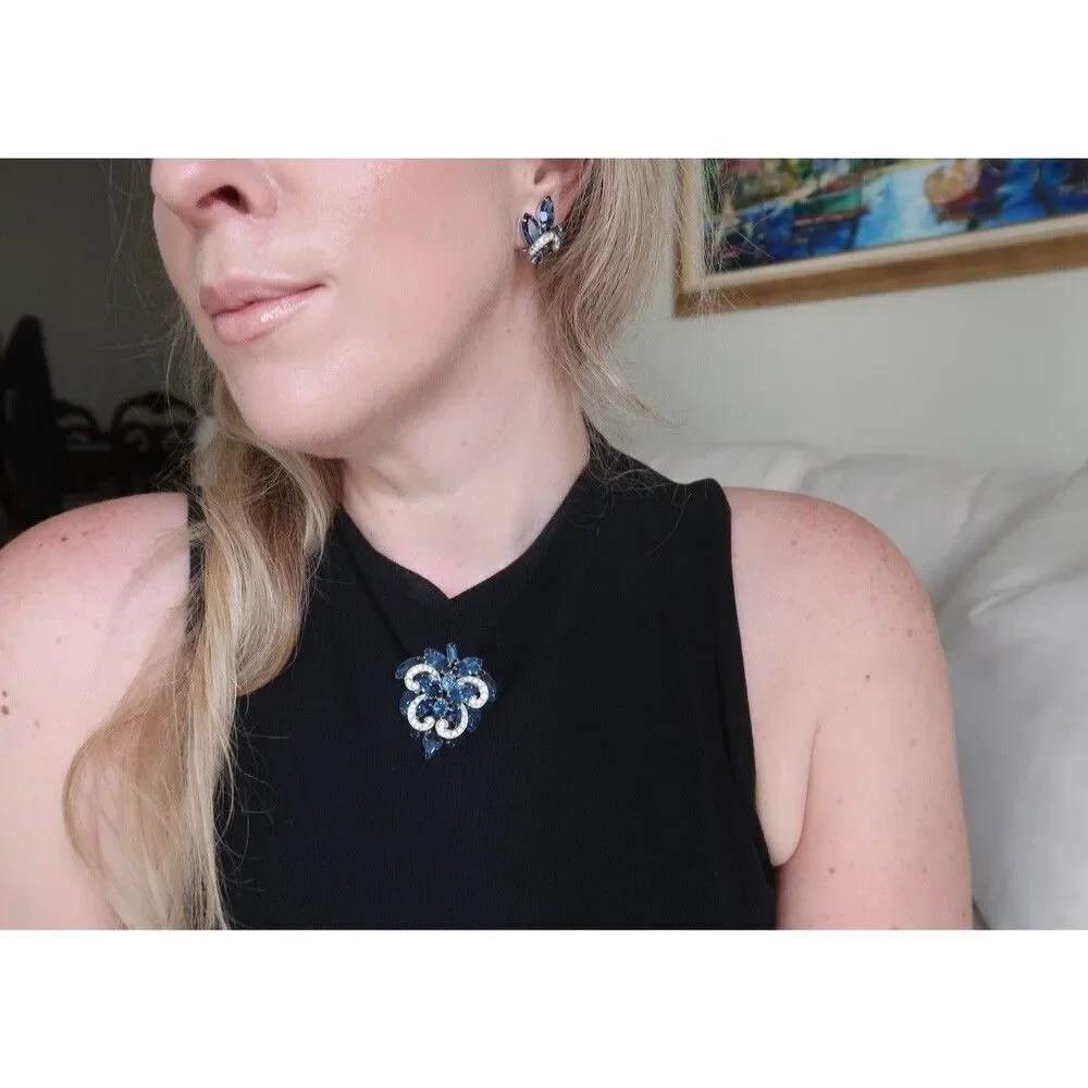 Vintage 50's Weiss Demi Parure Jewelry Blue Clear Leaf Set Clip Earrings Brooch